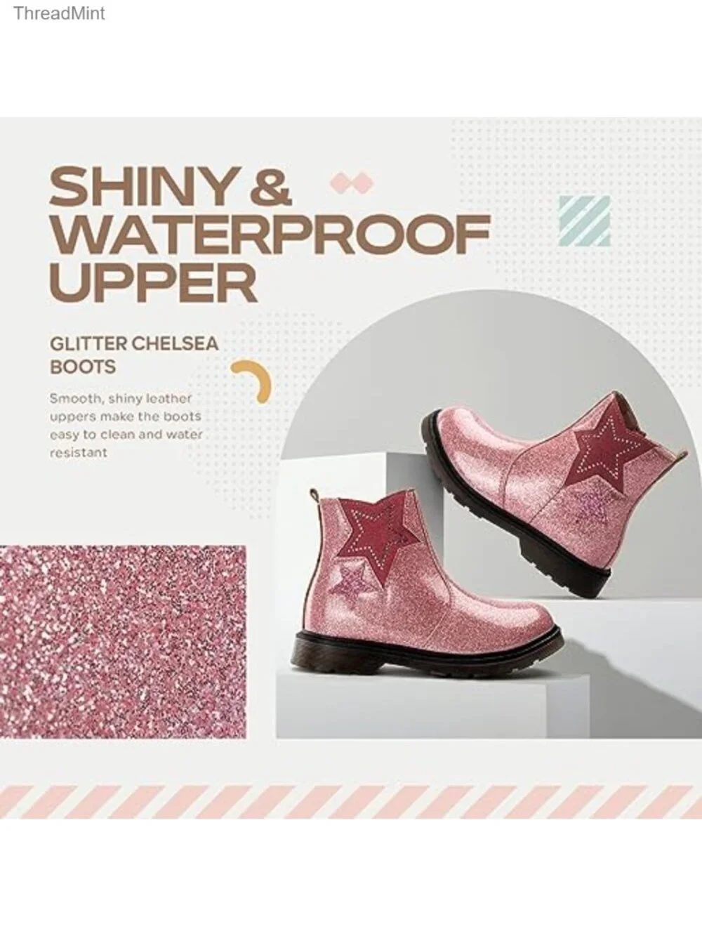 Girls Chelsea Boots Glitter PU Water Resistant Side Zip Ankle Booties